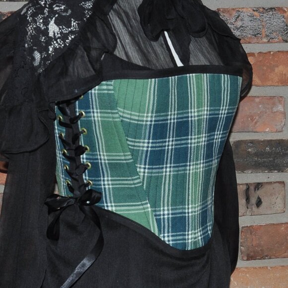 New Reversible Green Plaid & Denim Side & Back Lace-up Corset Bustier Top M - Picture 1 of 13